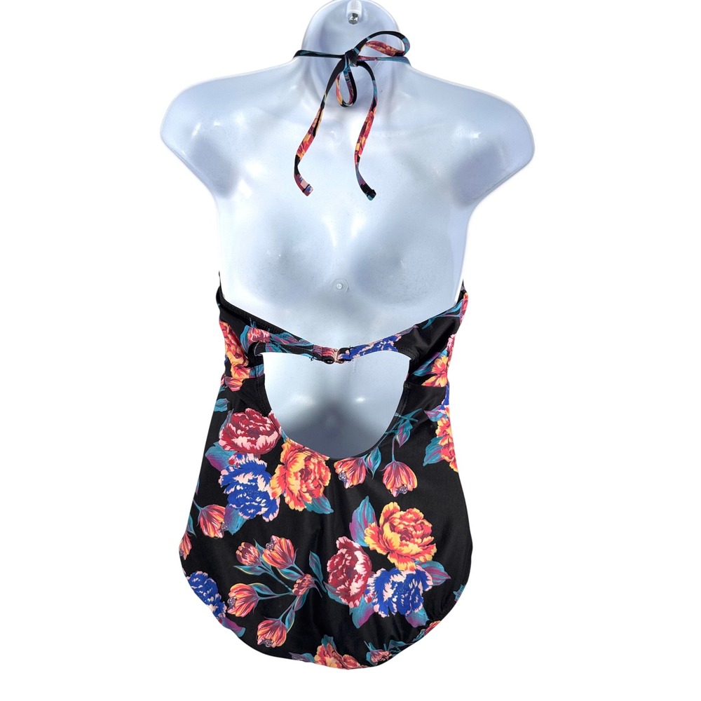 ModCloth Floral Halter One Piece Swimsuit sz Large Black floral boho retro - Picture 3 of 8